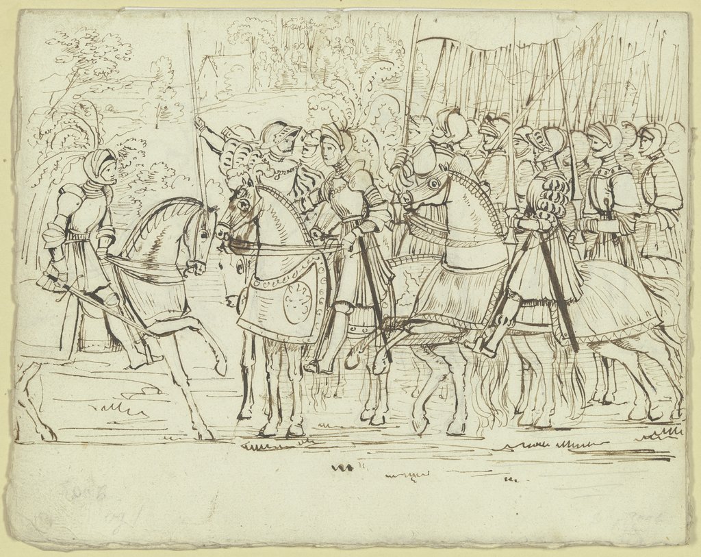 Ein von links kommender Ritter erstattet dem Anführer einer in einer Landschaft stehenden Ritterschar Meldung, Carl Philipp Fohr