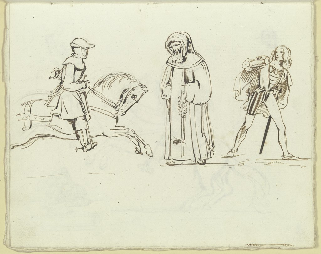 Ein Reiter, ein Mönch, ein junger Ritter mit Schwert und weitem Mantel, Carl Philipp Fohr
