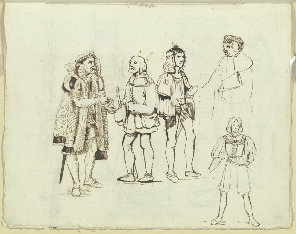 Fünf Figuren in der Tracht des 15. und 16. Jahrhunderts, zwei zu einer Gruppe zusammengestellt, Carl Philipp Fohr