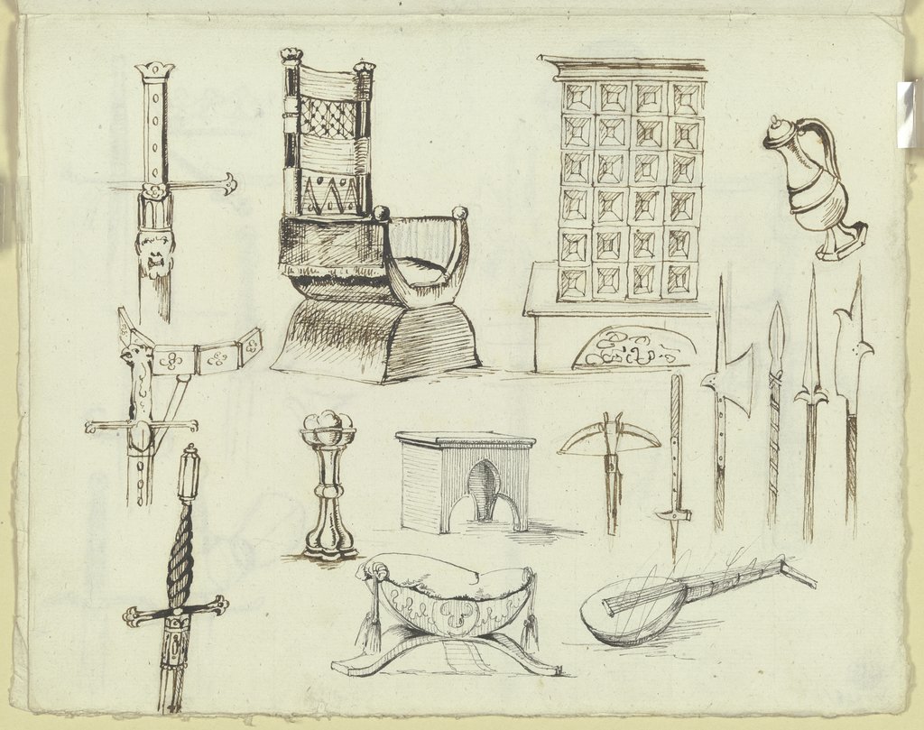 Mittelalterliche Möbelstücke, ein Kachelofen, Waffen und Gerätschaften, Carl Philipp Fohr