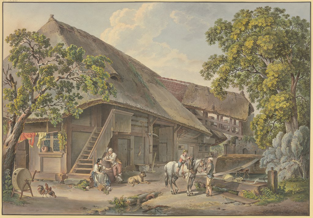 Schweizerhaus, am Brunnen Bauer mit einem Schimmel, auf dem ein Knabe reitet, Sigmund Freudenberger