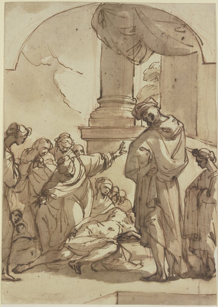 Viele Figuren vor einer Säulenhalle um einen Sterbenden versammelt, Giuseppe Maria Crespi;   ?
