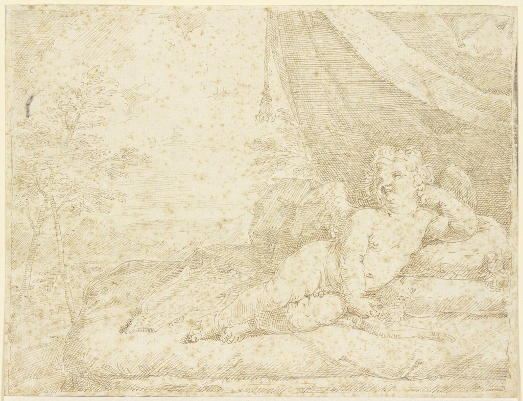 Amor auf einem Bett unter einem Zelt liegend, Domenico Maria Fratta;   ?