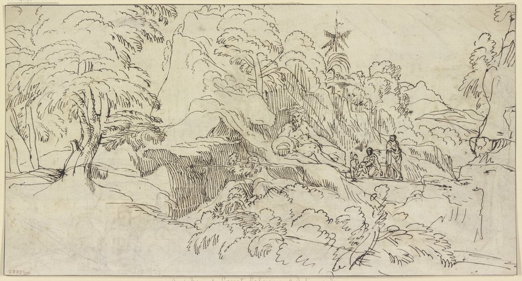 Landschaft mit einem kolossalen Flußgott, neben ihm drei kleine Figuren, Domenichino