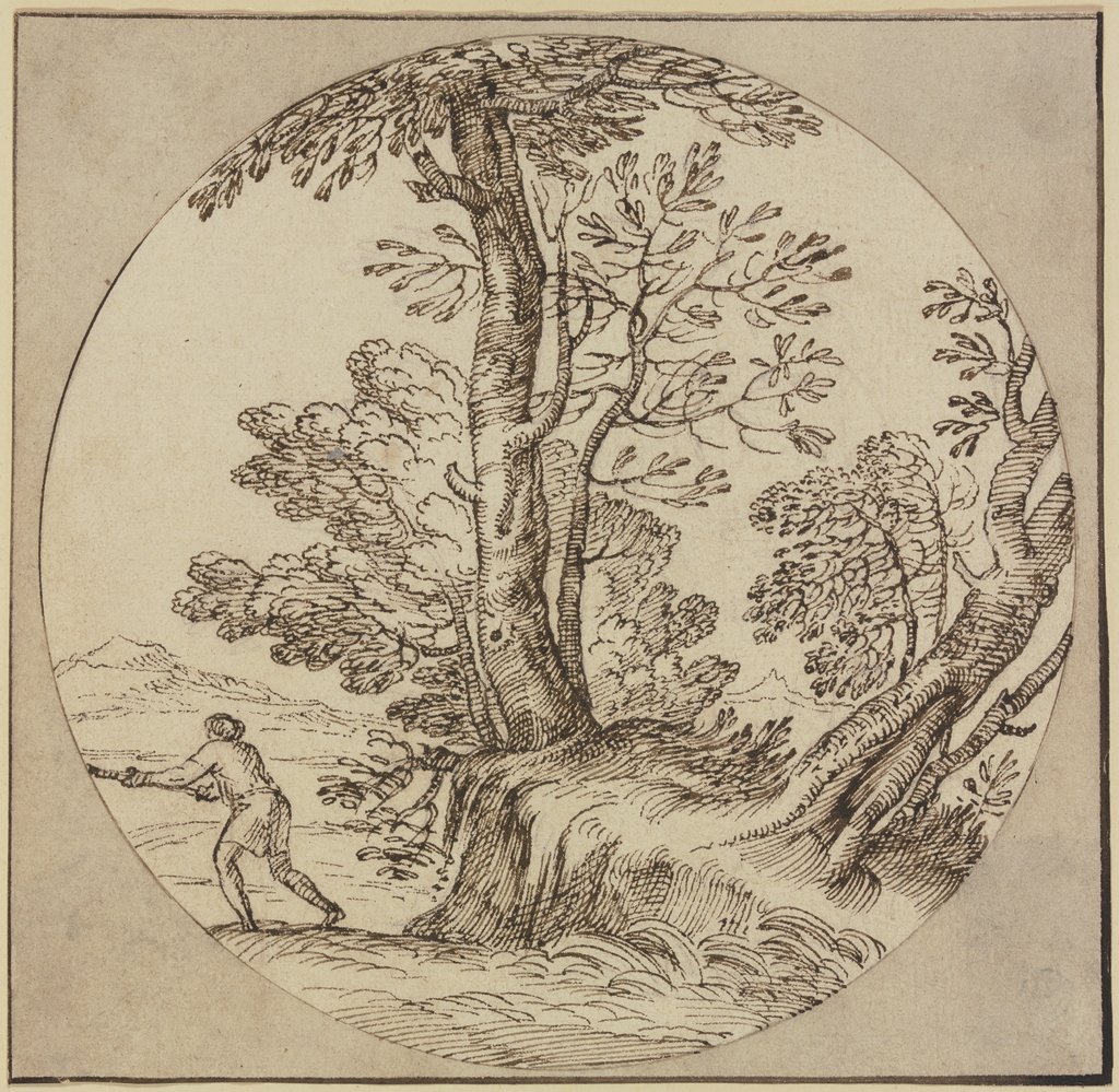 Baumpartie am Wasser, ein Mann nach links, Giovanni Francesco Grimaldi