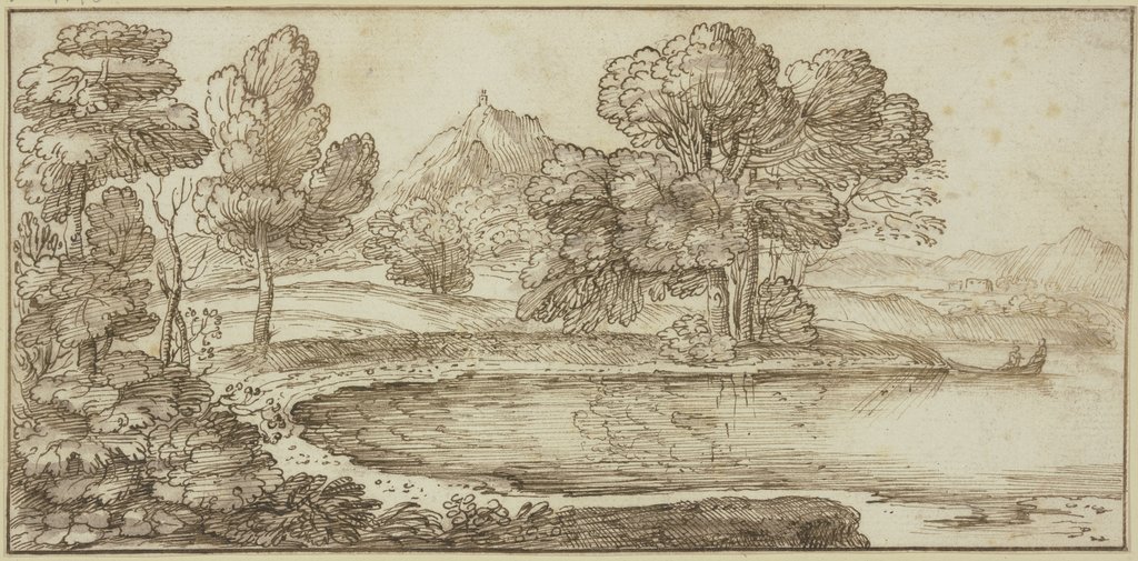 Baumpartie am Wasser, rechts Kahn mit zwei Figuren, Giovanni Francesco Grimaldi