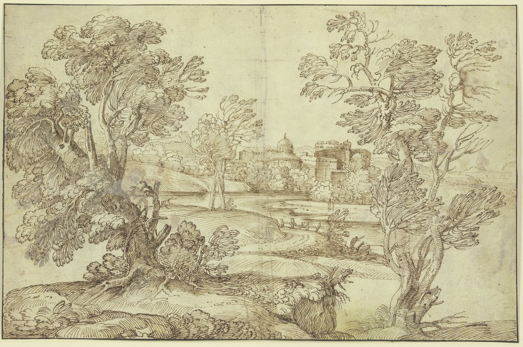 Landschaft mit Wasser, Baumgruppen und Gebäuden, Giovanni Francesco Grimaldi