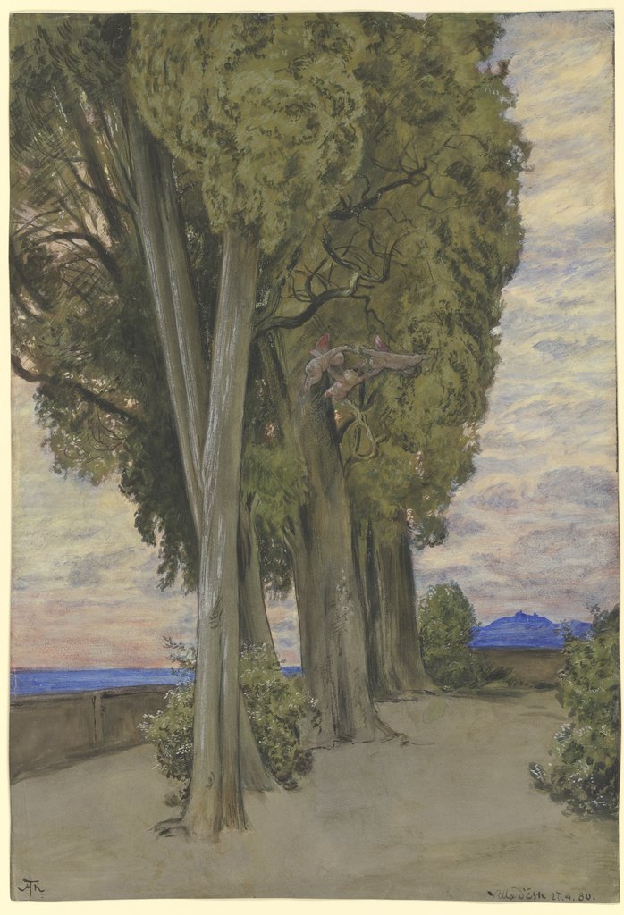 Zypressen in der Villa d`Este, unterhalb der Baunkronen ein Reigen drei Putten, Hans Thoma