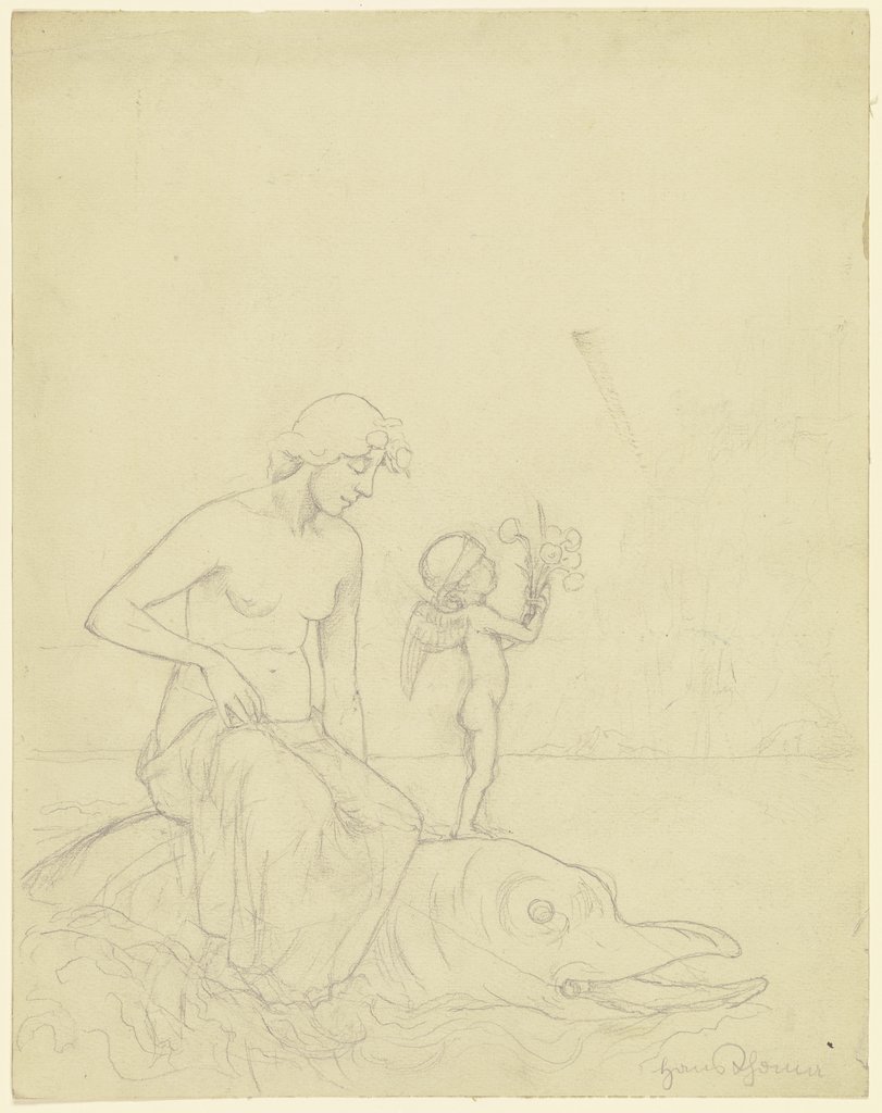 Venus auf dem Delphin (Mädchen mit Amor auf einem Delphin reitend), Hans Thoma