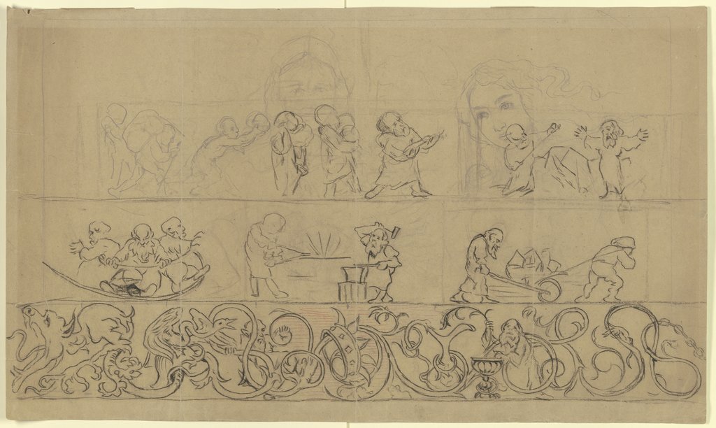 Schneewittchen und die sieben Zwerge sowie eine Nachzeichnung der Venus Botticellis, Hans Thoma