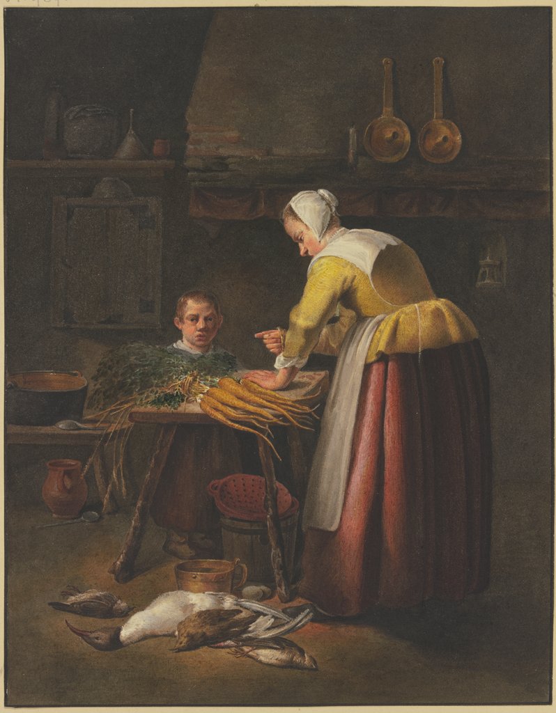 Frau und Kind in der Küche bei Karotten und Geflügel, Henricus Franciscus Wiertz