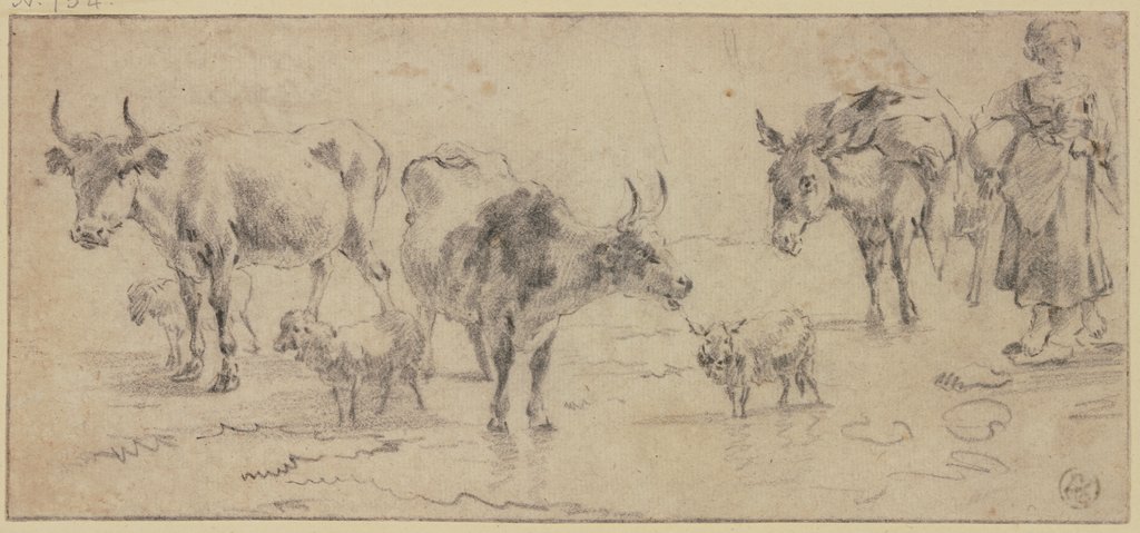 Hirtin bei einem Esel sowie drei Kühen und drei Schafen, Nicolaes Berchem