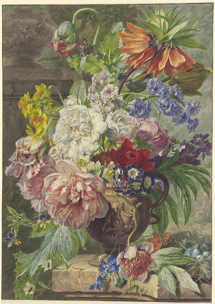 Stillleben mit Blumenstrauß und Vogelnest, Wybrand Hendriks