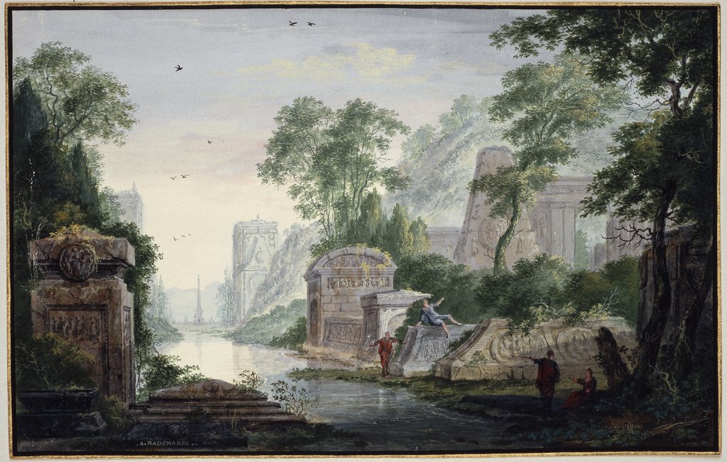 Antike Grabruinen in einer Flusslandschaft, Abraham Rademaker