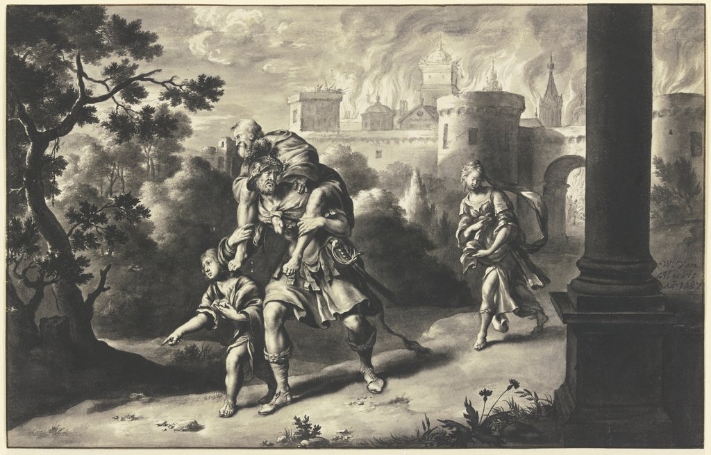 Aeneas Rescuing Anchises from Burning Troy, Willem van Mieris