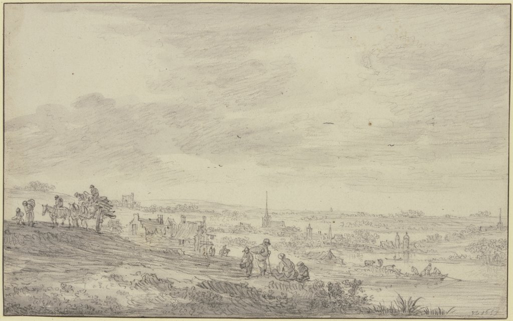 Blick über eine weite Landschaft mit Kirchturm, Jan van Goyen