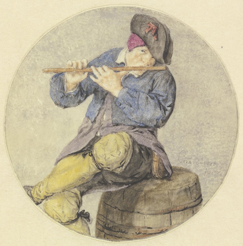 Flötenspieler auf einem Fass sitzend, Cornelis Dusart