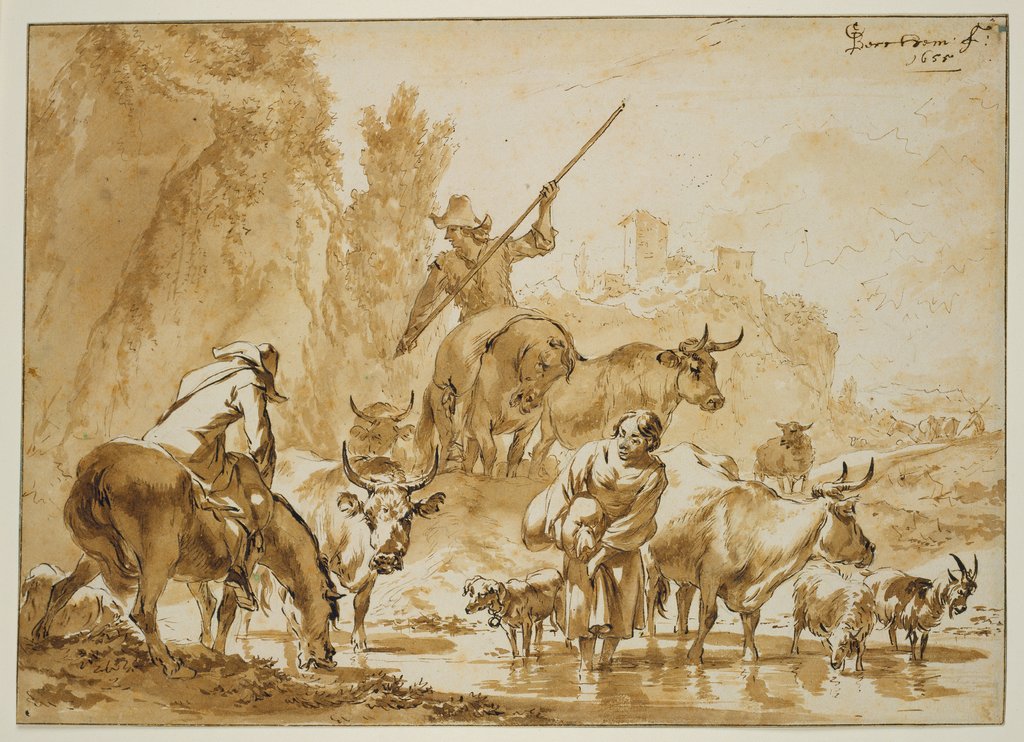Zwei Hirten zu Pferde treiben Vieh durchs Wasser, die Hirtin mit einem Sack wartet hindurch, Nicolaes Berchem