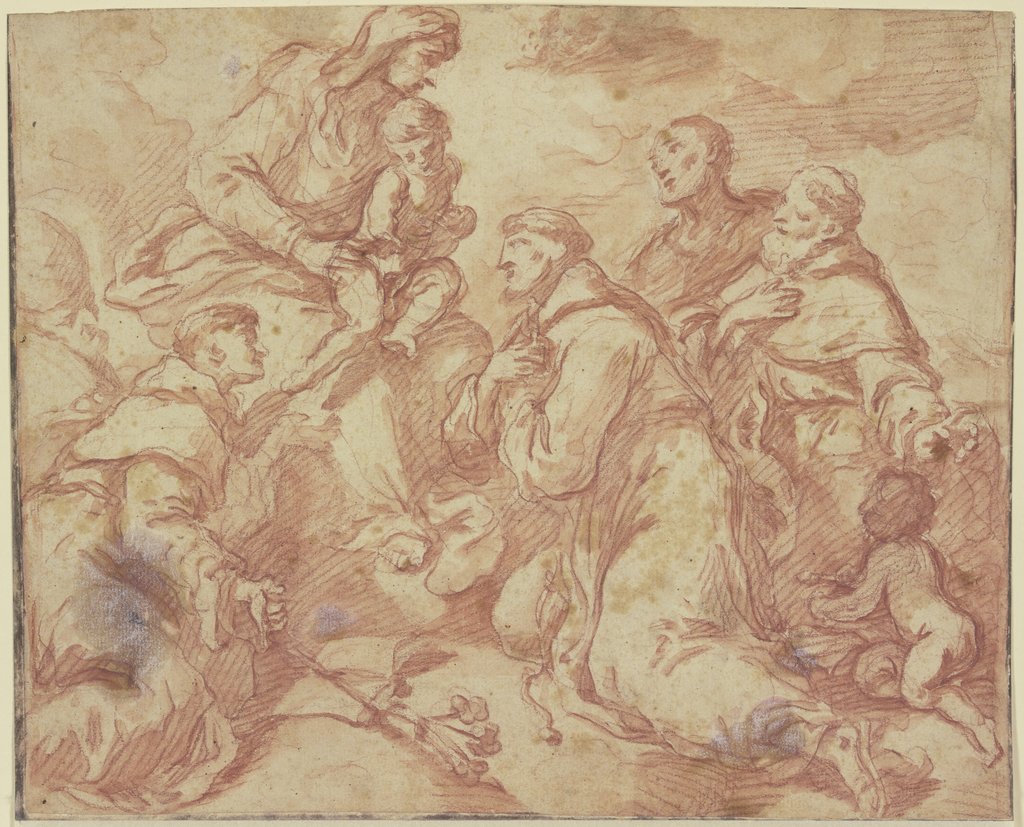 Die Muttergottes mit dem Jesuskind auf Wolken, umgeben von den Heiligen Antonius von Padua und Franziskus sowie zwei weiteren Heiligen, Antonio Balestra