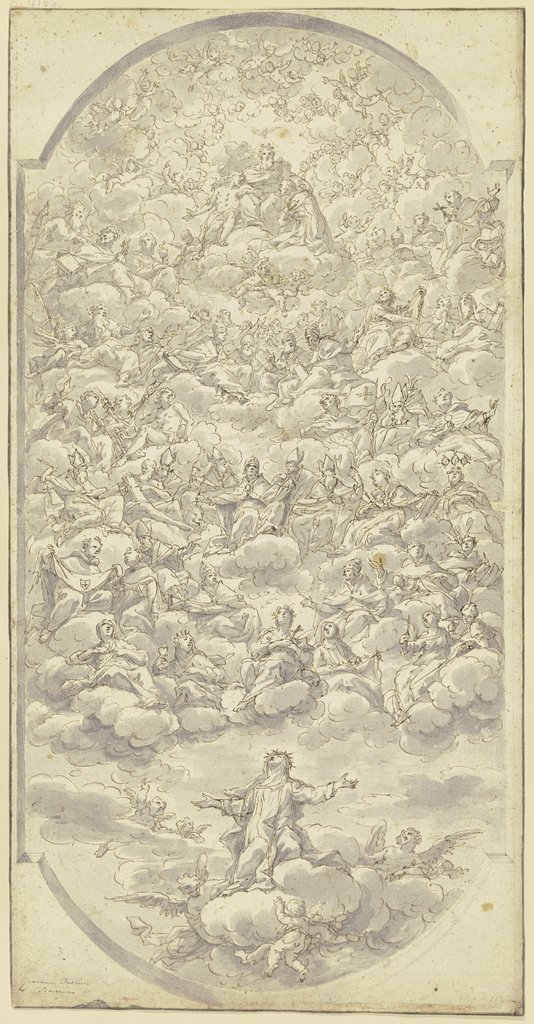 Heilige von vielen Engeln auf Wolken in den Himmel getragen, Gottvater, umgeben von den Helden des Alten und den Heiligen des Neuen Testaments, empfängt sie, Antonio Grano;   attributed, Giovanni Battista Gaulli;   ?