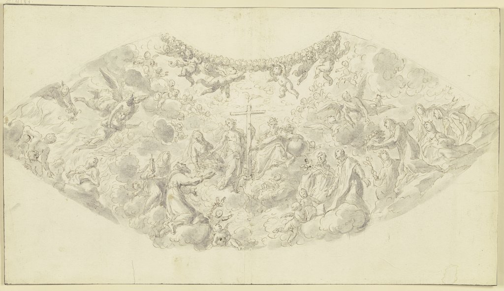 Christus zwischen Gottvater und Maria umgeben von Heiligen und Engeln (Gewölbezwickel), Antonio Grano;   zugeschrieben