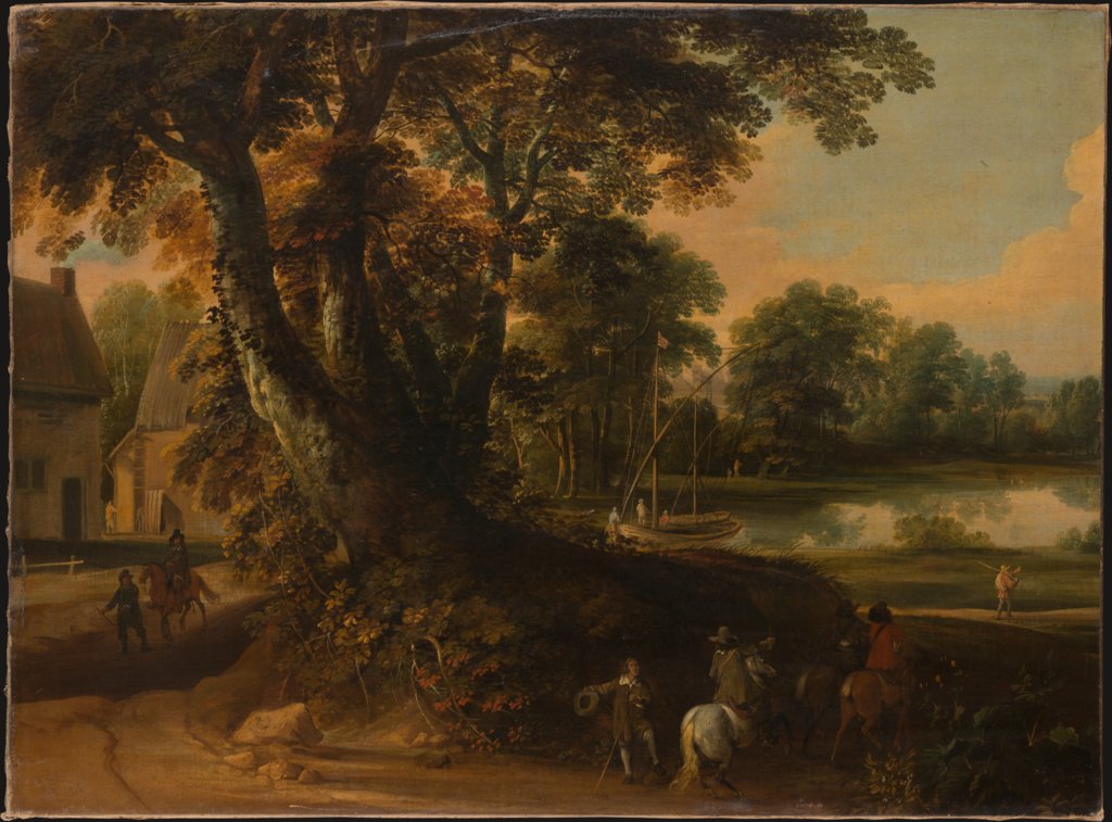 Landschaft mit einer Baumgruppe an einem Seeufer, vorn am Wege drei Reiter, Jacques d' Arthois