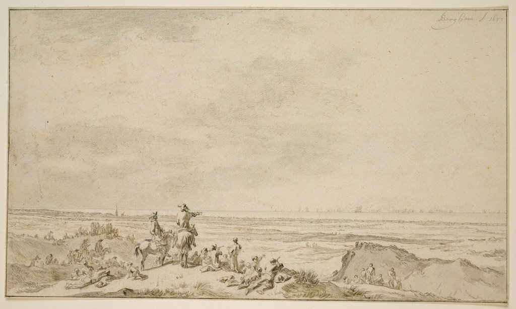 Dünenlandschaft mit Seeschlacht in der Ferne, Nicolaes Berchem