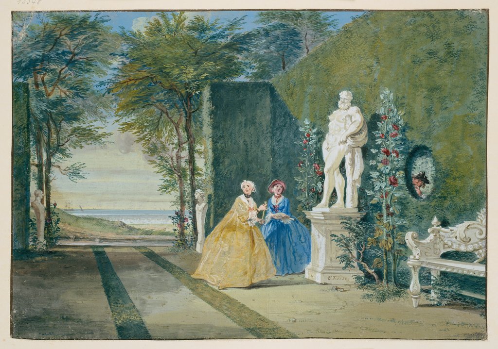 Parkansicht mit zwei jungen Damen neben einer Herkulesstatue, Cornelis Troost