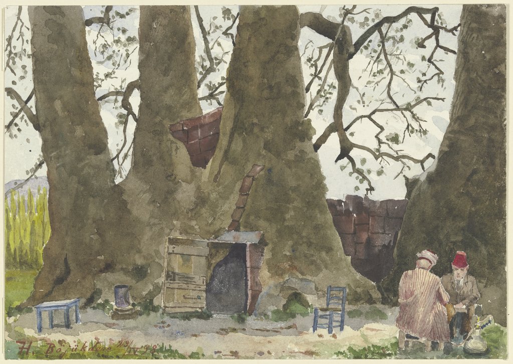 Zwei Araber vor einem Riesenbaum, der als Wohnung genutzt wird, Fritz Hauck
