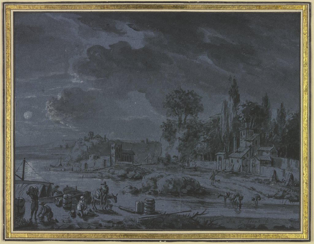Flußufer mit Furt im Mondschein, Johan Willem Frank