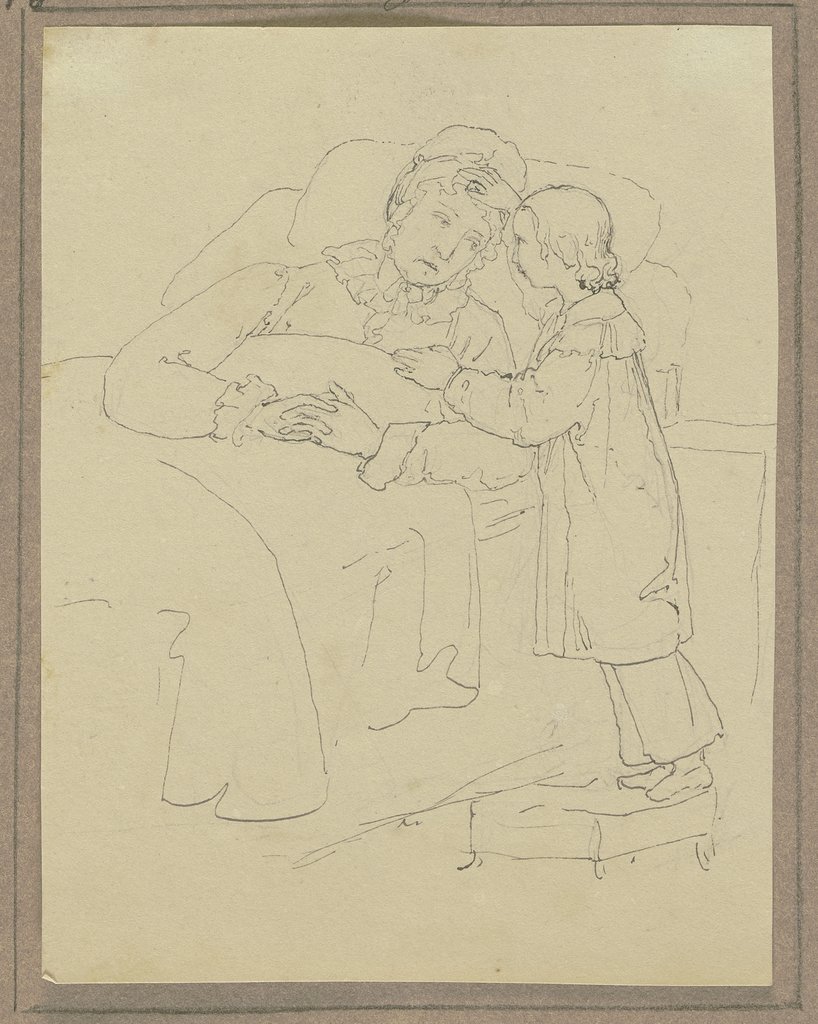 Mutter im Bett liegend, mit dem vor ihr stehenden Kind sprechend, Marie Ellenrieder