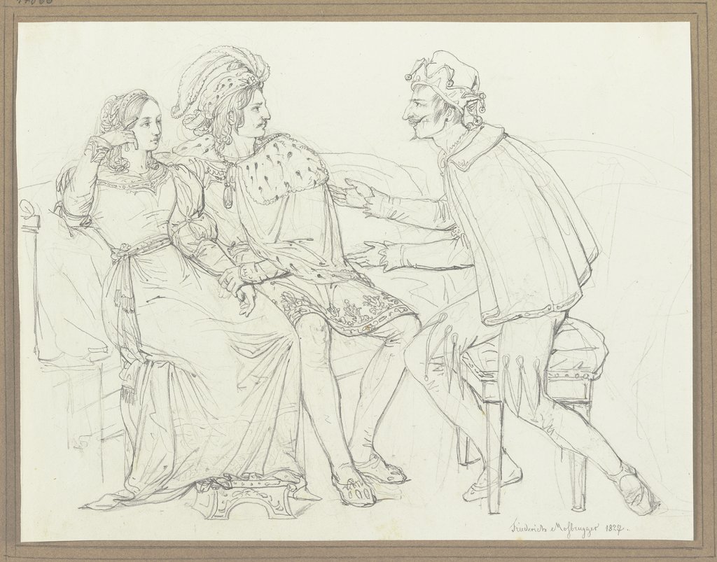 Ein Paar auf einem Sofa unterhält sich mit einem Narren, Friedrich Moosbrugger