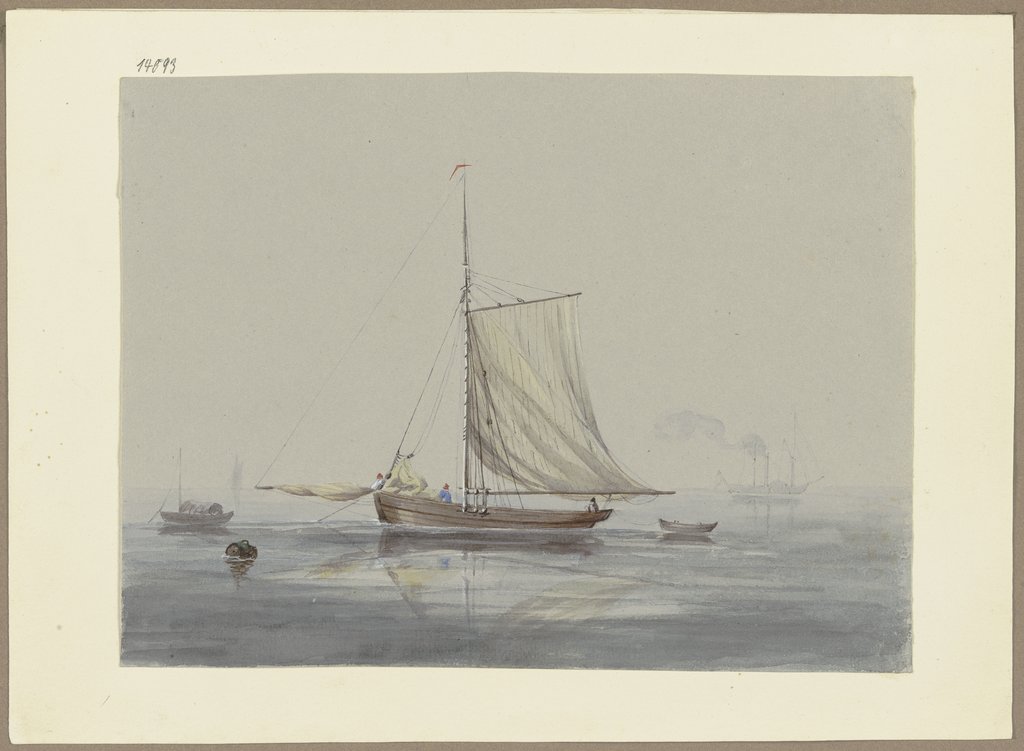See mit Segelschiffen und Dampfboot, Deutsch, 19. Jahrhundert