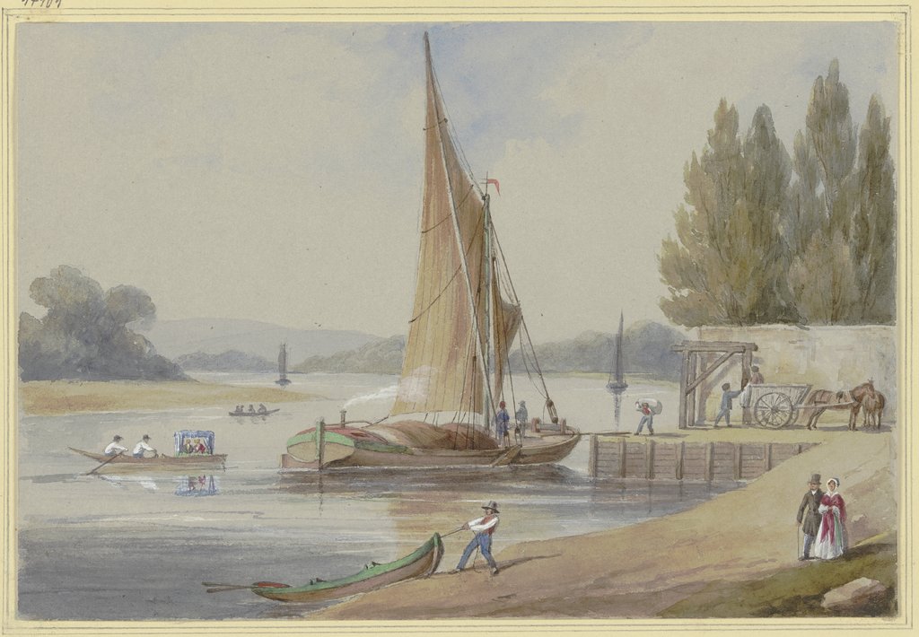 Flussufer mit Segelschiffen, Deutsch, 19. Jahrhundert