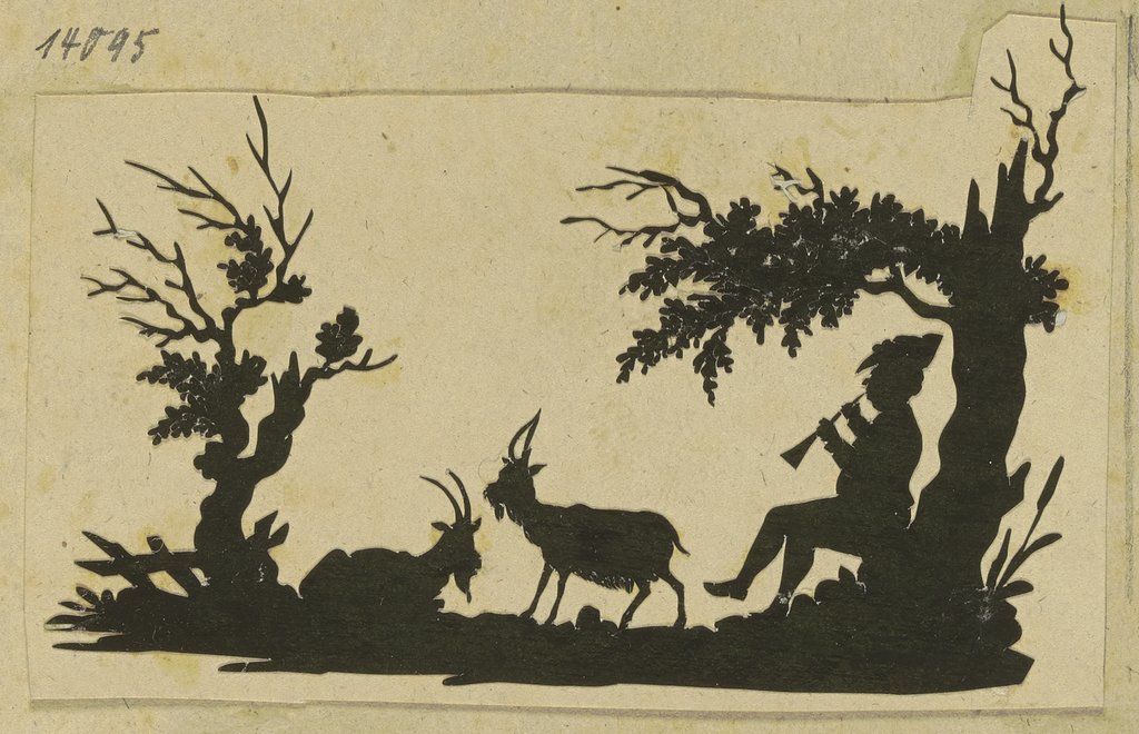 Zwischen Bäumen musizierender Hirte mit zwei Ziegen, Deutsch, 19. Jahrhundert