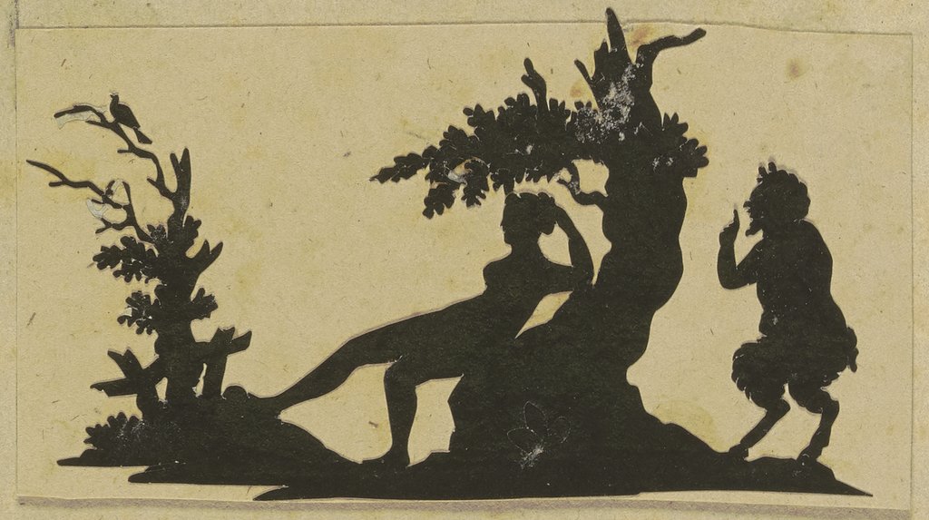 Unter einem Baum ruhende Nymphe, rechts ein sich ihr von hinten nähernder Faun, Deutsch, 19. Jahrhundert