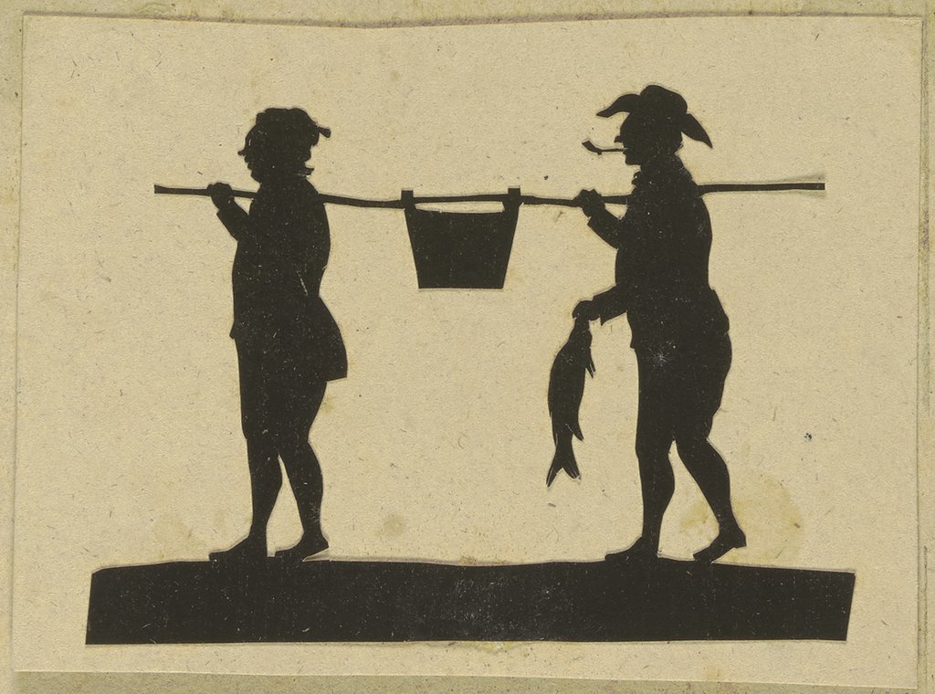 Zwei einen Bottich mit Fischen tragende Männer, der hintere hält einen Fisch in der Hand, German, 19th century