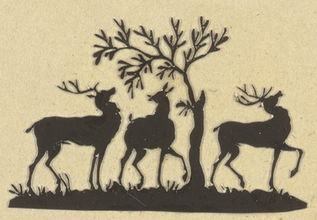 Zwei männliche Hirsche und eine Hirschkuh unter einem Baum, Deutsch, 19. Jahrhundert
