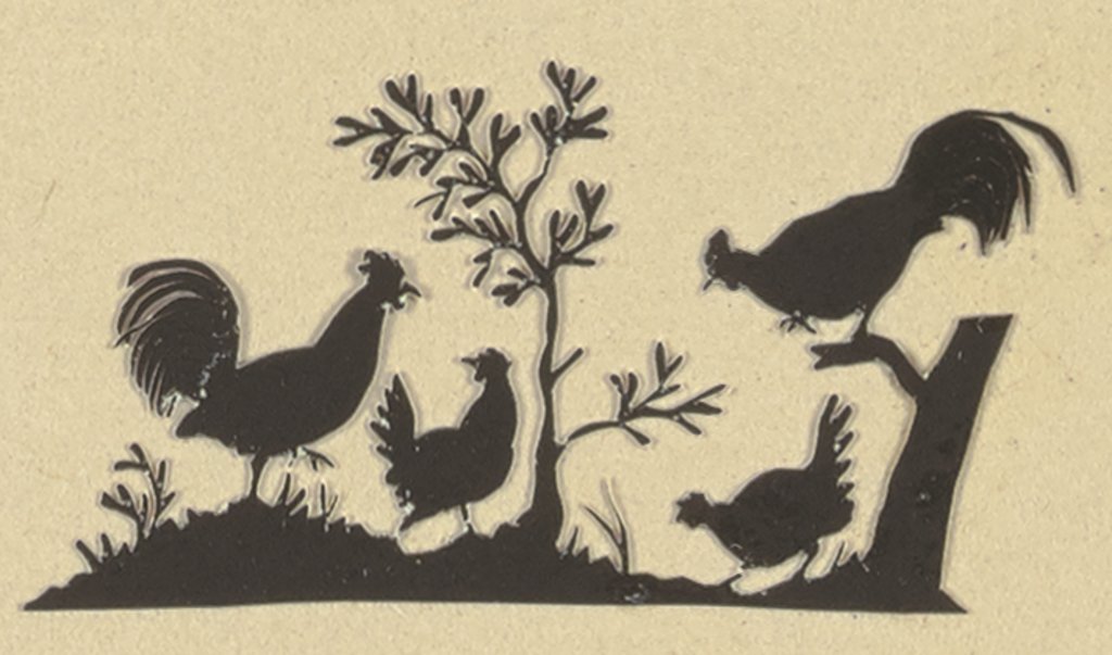 Zwei Hähne und zwei Hennen unter einem Baum, Deutsch, 19. Jahrhundert