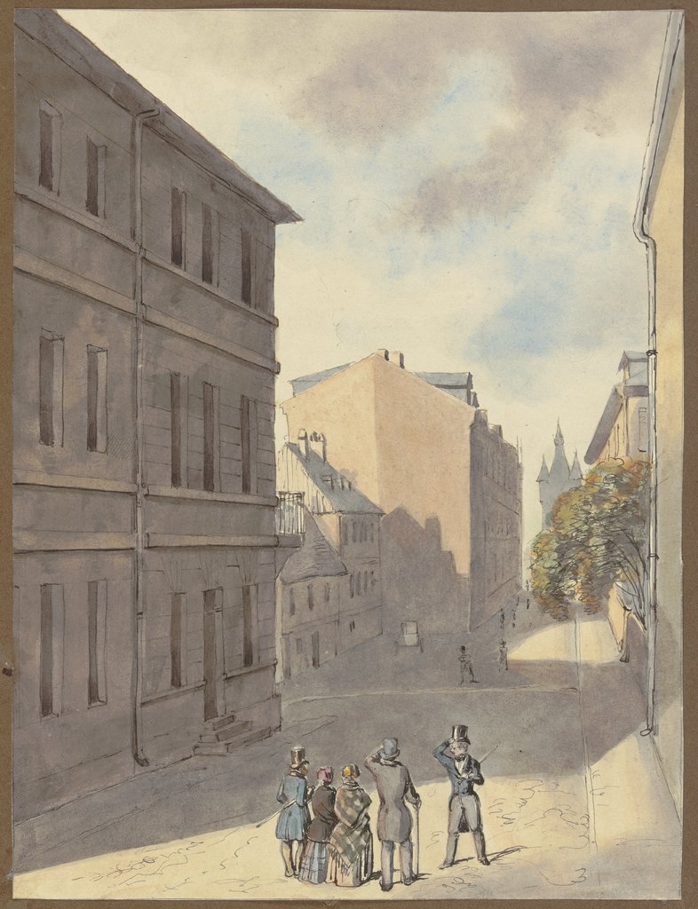 Spaziergänger in der Hochstraße in Frankfurt am Main, im Hintergrund der Eschenheimer Turm, Monogrammist M. v. F.