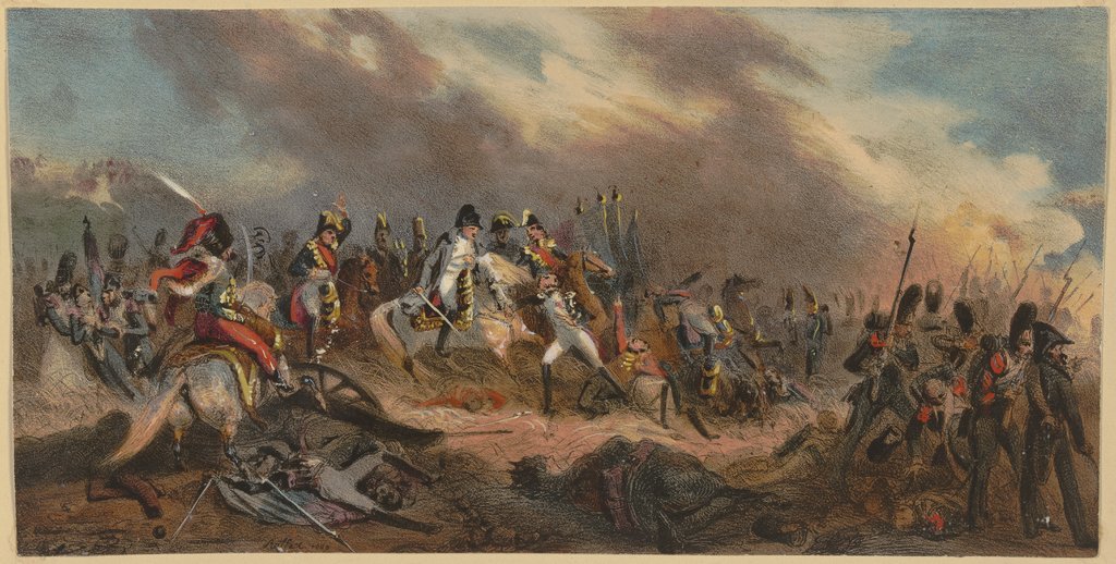 Napoleon mit seinem Hut über ein Schlachtfeld reitend, Denis Auguste Marie Raffet