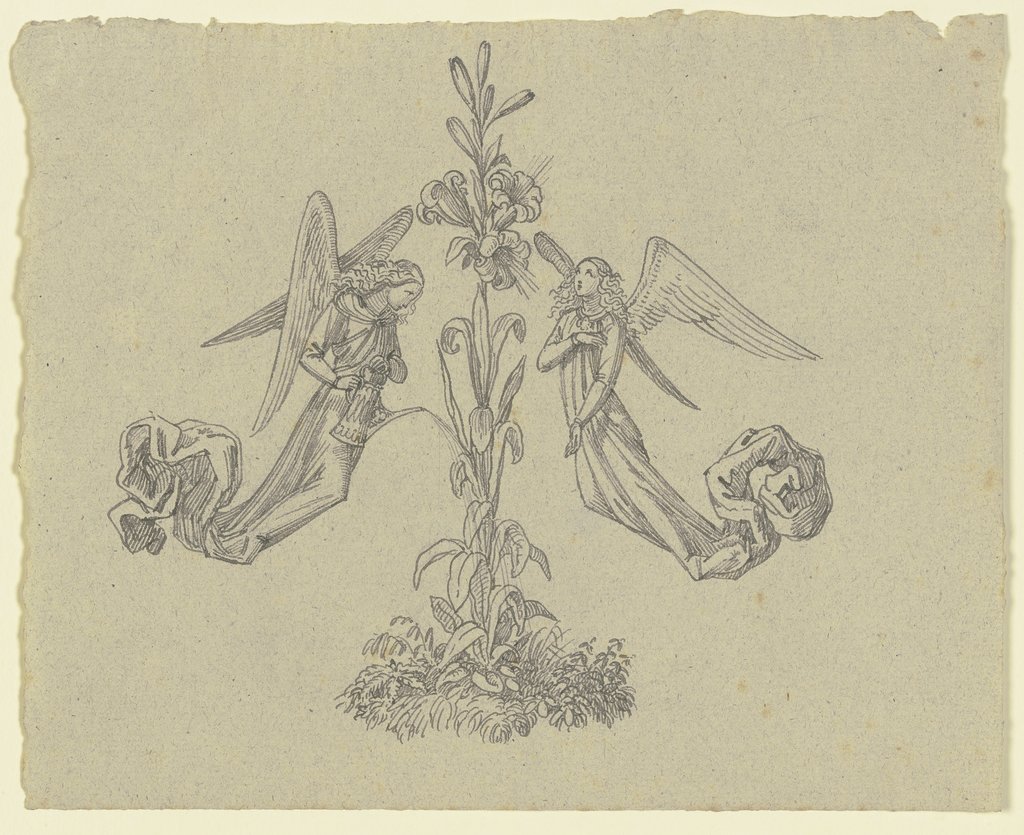 Dekorativer Buchschmuck (zwei Engel mit Lilie), Ferdinand Fellner