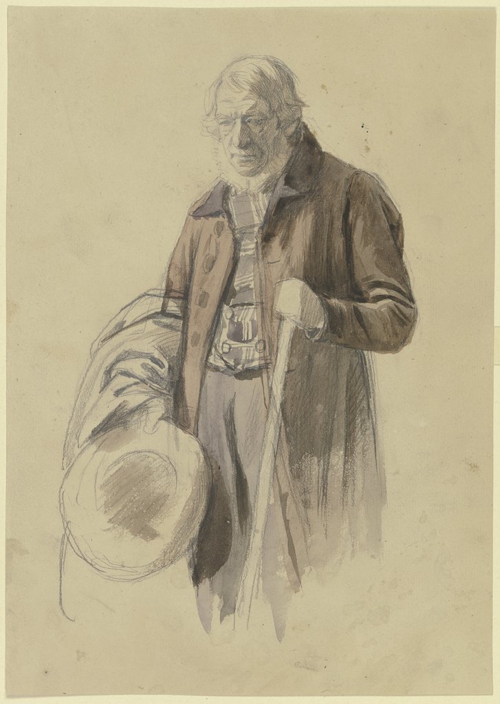 Bärtiger Mann mit abgenommenen Hut und Mantel über dem Arm, in der Linken ein Stab, Jakob Becker