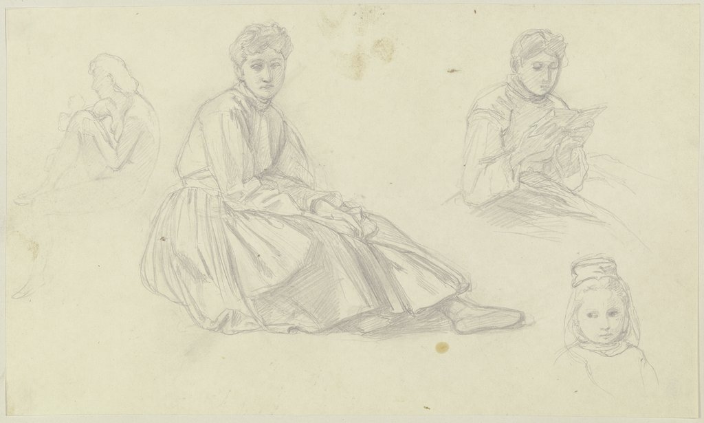 Studienblatt: Eine sitzende und eine lesende Frau, ein Kind sowie ein sitzender weiblicher Akt nach links, Jakob Becker