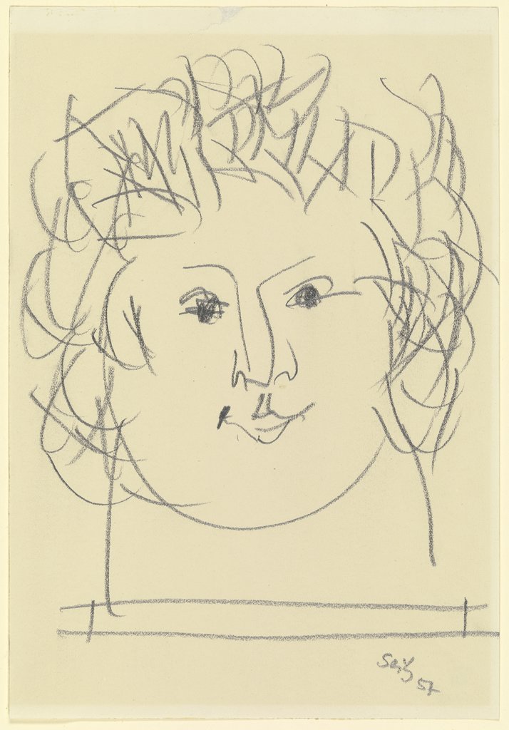Frauenkopf mit wirrem Haar auf Sockel, Gustav Seitz