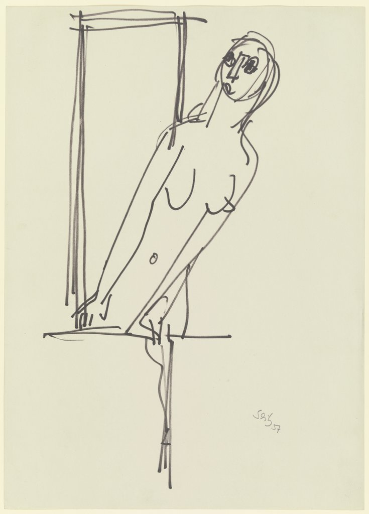 Weiblicher Akt in Dreiviertelansicht mit Fensterform, auf dem Balkon (?), Gustav Seitz