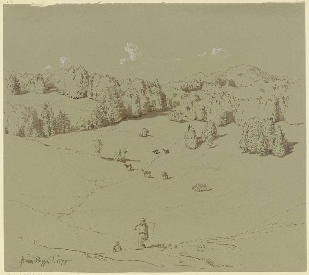 Wenig bewaldete Höhe mit weidenden Pferden, vorne zwei Figuren, Edmund Steppes