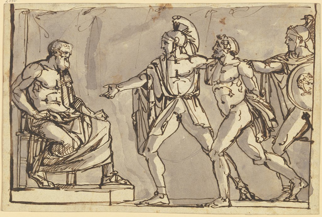 Szene aus der griechischen oder römischen Sage: Ein Gefangener wird von zwei Kriegern dem König vorgeführt, French, 19th century