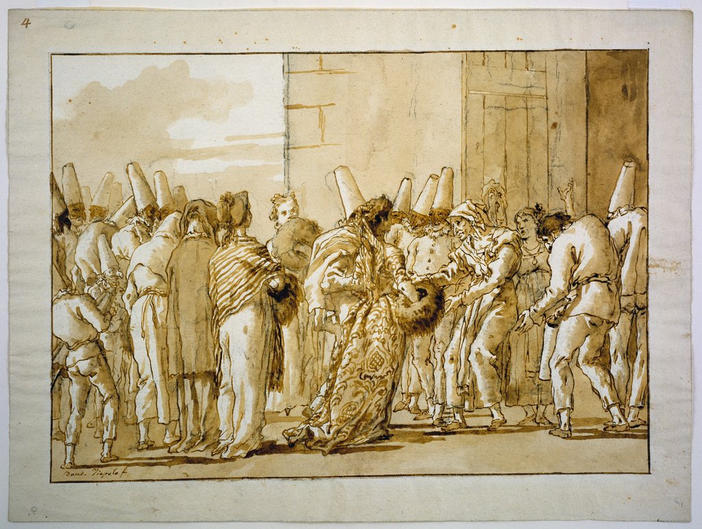 Pulcinellas Vater führt seine Braut nach Hause, Giovanni Domenico Tiepolo