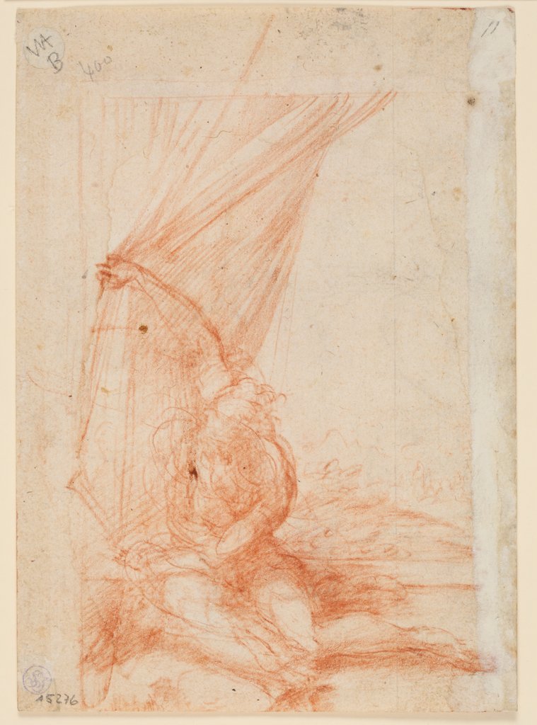 Sitzende Gestalt, die einen Vorhang beiseite schiebt, Parmigianino